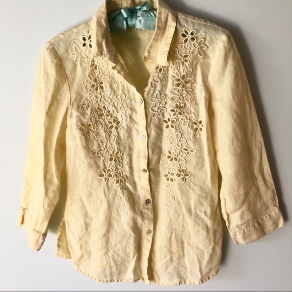 VINTAGE 90s Yellow Linen Flower Button Down Small - Picture 5 of 8